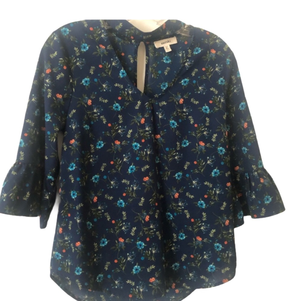 Meraki Blue Floral Choker Blouse Ruffle 3/4 Sleeve L